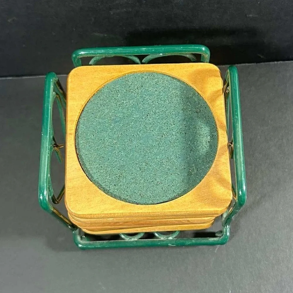 Coaster Set‎ Brown Green Wood Metal Wire Heart Caddy Vintage Cottagecore 6pc OS